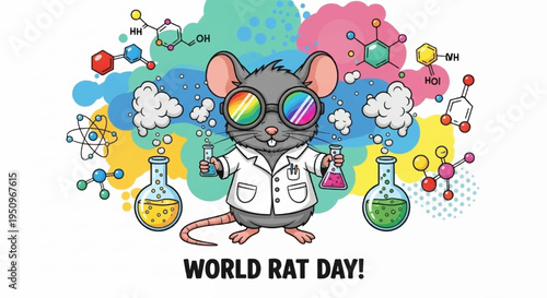 Cartoon lab rat in goggles and lab coat surrounded by colorful science equipment and molecules on world rat day