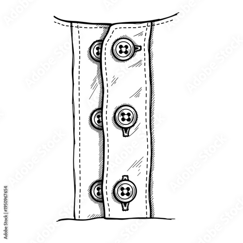 Detailed illustration of a button placket on white background, showcasing stitching and button design, isolated for fashion and sewing concepts