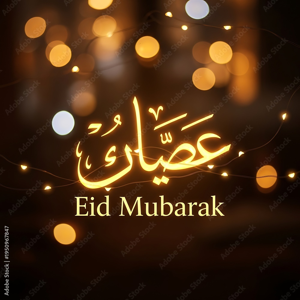Naklejka premium Eid mubarak greeting card with arabic calligraphy and warm glowing lights
