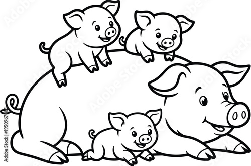 Cute Mother Pig with Piglets Coloring Page for Kids Illustration