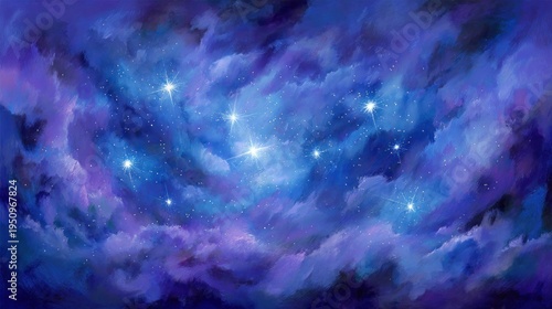 Brilliant celestial objects shine amidst swirling clouds of cosmic dust and gas