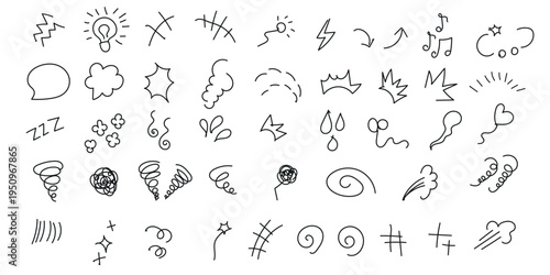A diverse collection of hand drawn black doodle elements and comic effect symbols for graphic design projects