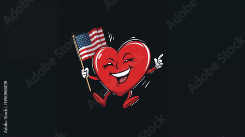 illustration a cartoon heart character holding american flag on black background