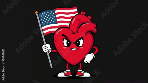 illustration a cartoon heart character holding american flag on black background