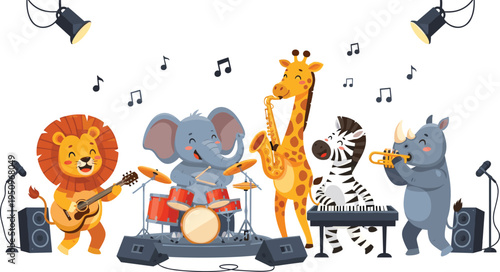 Cute Animal Music Band Playing Instruments with Lion Elephant Giraffe Zebra and Rhino Cartoon Vector Illustration for Kids Party Entertainment and Fun Design