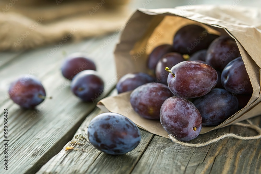 Obraz premium Plump, dark purple plums spill from a burlap sack