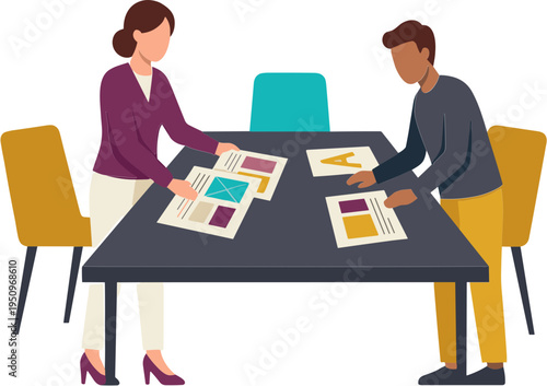 Two people discussing color palettes at a meeting table indoors