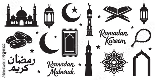 Islamic Ramadan Kareem Symbols Collection Mosque Moon Dates Prayer Mat Lanterns Quran