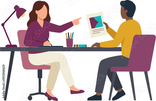 Two people discussing a document at a desk with a lamp