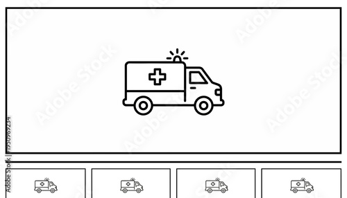 Ambulance Icon, Medical Emergency Vehicle, Healthcare Service, Vector Line Art