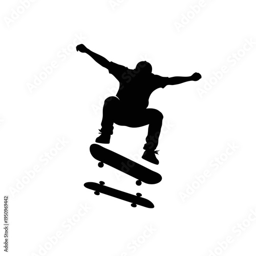 Man doing tricks on skateboard mid air.