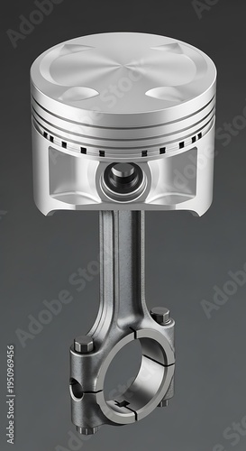 Metallic automotive engine reciprocating assembly depicted with detailed surface texture
