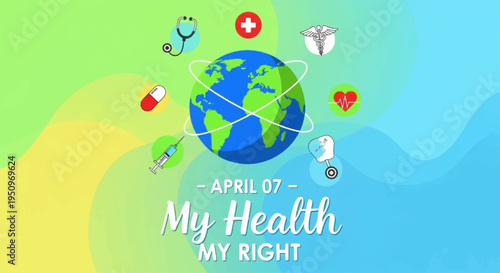 World health day poster with globe and medical symbols on colorful background