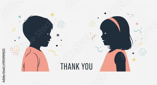 Two children silhouettes facing each other with thank you message in colorful confetti background