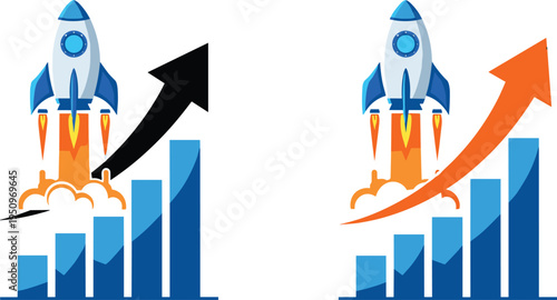Business growth rocket launch illustration set, with financial bar charts, rising arrows, and startup success concept, isolated on white background