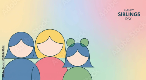 Three smiling siblings standing together in colorful outfits on a rainbow background conveying happiness and togetherness
