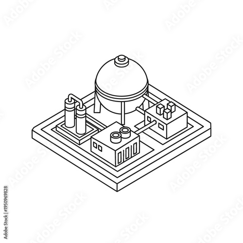 Isometric illustration of a chemical processing plant with a large spherical tank, distillation columns, and control units.