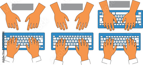 Flat vector illustration of hands typing on blue computer keyboards and empty desks isolated on white background for office work.