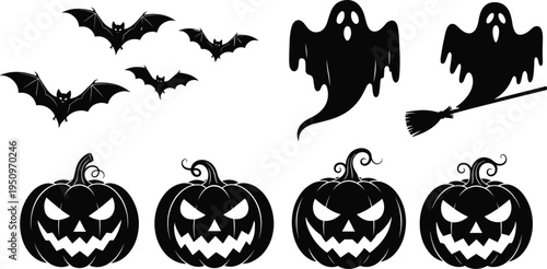 Black silhouette set of Halloween pumpkins, flying bats, and spooky ghosts isolated on white background for holiday party graphic design.
