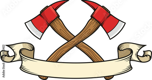 Crossed firefighter axes with a blank vintage ribbon banner isolated on white background for emergency service logo or fire emblem.