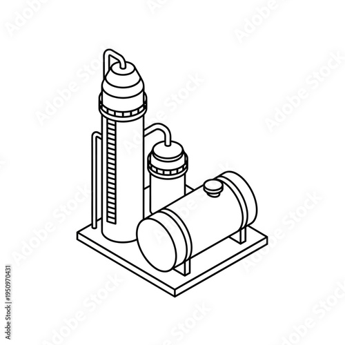 Isometric illustration of a distillation column with a storage tank, representing industrial processes and chemical engineering.