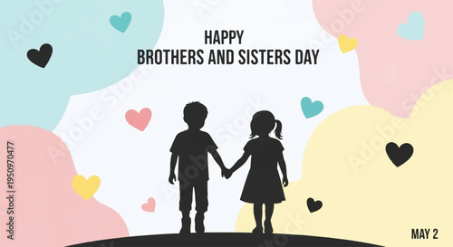 Silhouette of brother and sister holding hands on brothers and sisters day with colorful hearts