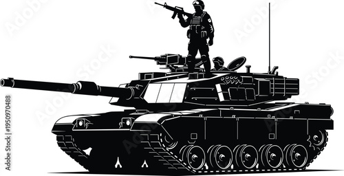 Military Soldier Standing on Heavy Armored Battle Tank Silhouette for Army Combat Mission National Defense Security Force War Conflict and Tactical Operations Concept