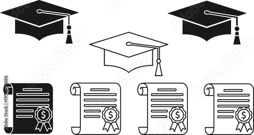 Black silhouette and line icons of graduation caps and diploma scrolls with dollar signs isolated on white background for education.