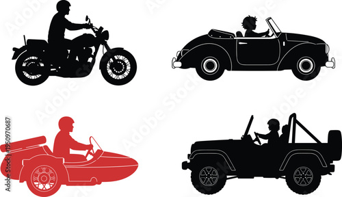 Motorcycle rider silhouette, convertible car with passengers, motorboat driver illustration, off-road jeep vehicle, diverse transportation vector, black silhouette art