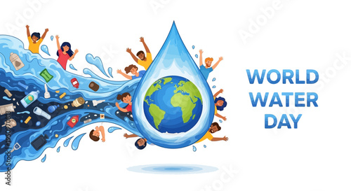 Illustration of diverse people celebrating World Water Day with a globe and water droplet design, promoting water conservation awareness and sustainability.
