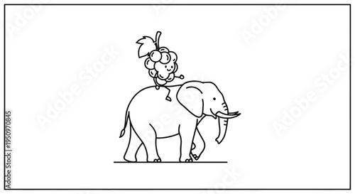 Funny grape character riding an elephant, cartoon style, white background