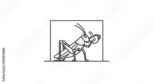 Funny grasshopper drinking coffee in a box, cartoon style, black and white line art