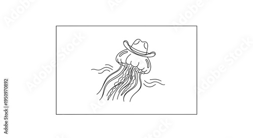Funny Jellyfish Wearing Cowboy Hat Floating in Ocean Waves, Cartoon Style