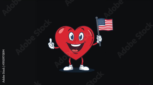 illustration a cartoon heart character holding american flag on black background