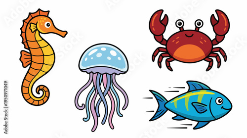 A collection of cute cartoon sea creatures including a seahorse, jellyfish, crab, and fish.