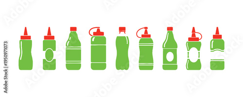 Collection of single-use bottles for storing various liquid food items.