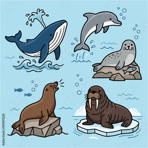 A charming collection of marine mammals including a whale, dolphin, seal, sea lion, and walrus, depicted in a playful, cartoonish style against a light blue background.