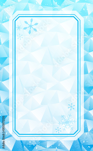 水色のポリゴン背景と雪の結晶フレーム_縦