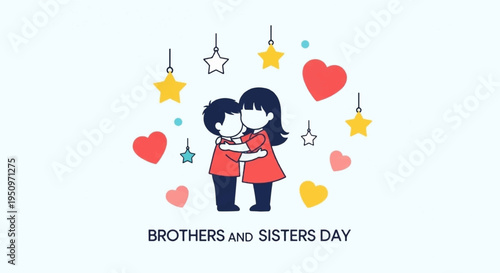 Brother and sister hugging surrounded by colorful hearts and stars on brothers and sisters day symbolizing love and family bonding