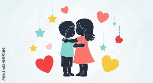 Loving couple embracing surrounded by colorful hearts and stars on white background symbolizing romance and affection in a whimsical illustration