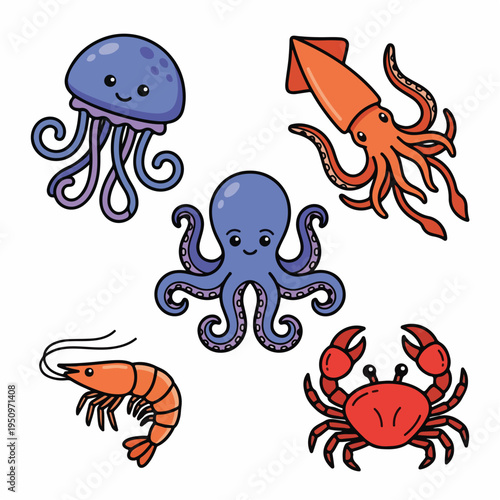 A collection of cute cartoon sea creatures including a jellyfish, octopus, squid, shrimp, and crab.
