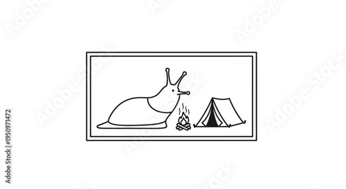 Funny cartoon snail camping by campfire with tent, whimsical outdoor adventure illustration