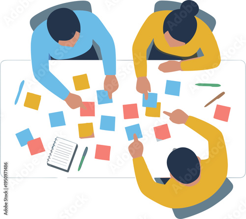 Three people sitting around a table with colorful sticky notes and office supplies