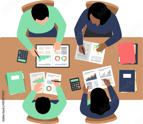 People sitting around a table working on papers and laptops together collaboratively