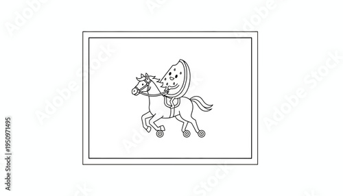 Funny cartoon slice of watermelon riding a horse, black and white drawing