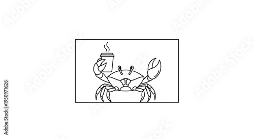 Funny Crab Holding Coffee Cup, Cartoon Style, Morning Coffee Break