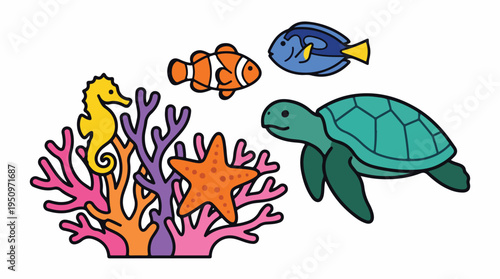 Colorful illustration of various marine animals including a sea turtle, seahorse, clownfish, and blue tang fish swimming near coral and a starfish.