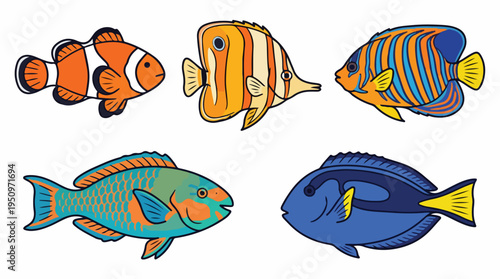 A collection of five colorful tropical fish species, including a clownfish, butterflyfish, angelfish, parrotfish, and tang, illustrated in a simple, clean style.