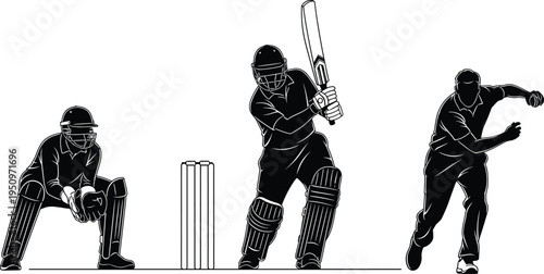 Professional cricket player silhouettes set featuring batsman hitting ball, wicketkeeper in stance, and bowler delivering ball for sports tournament match