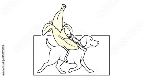Funny dog carrying a banana on its back, cartoon style, white background